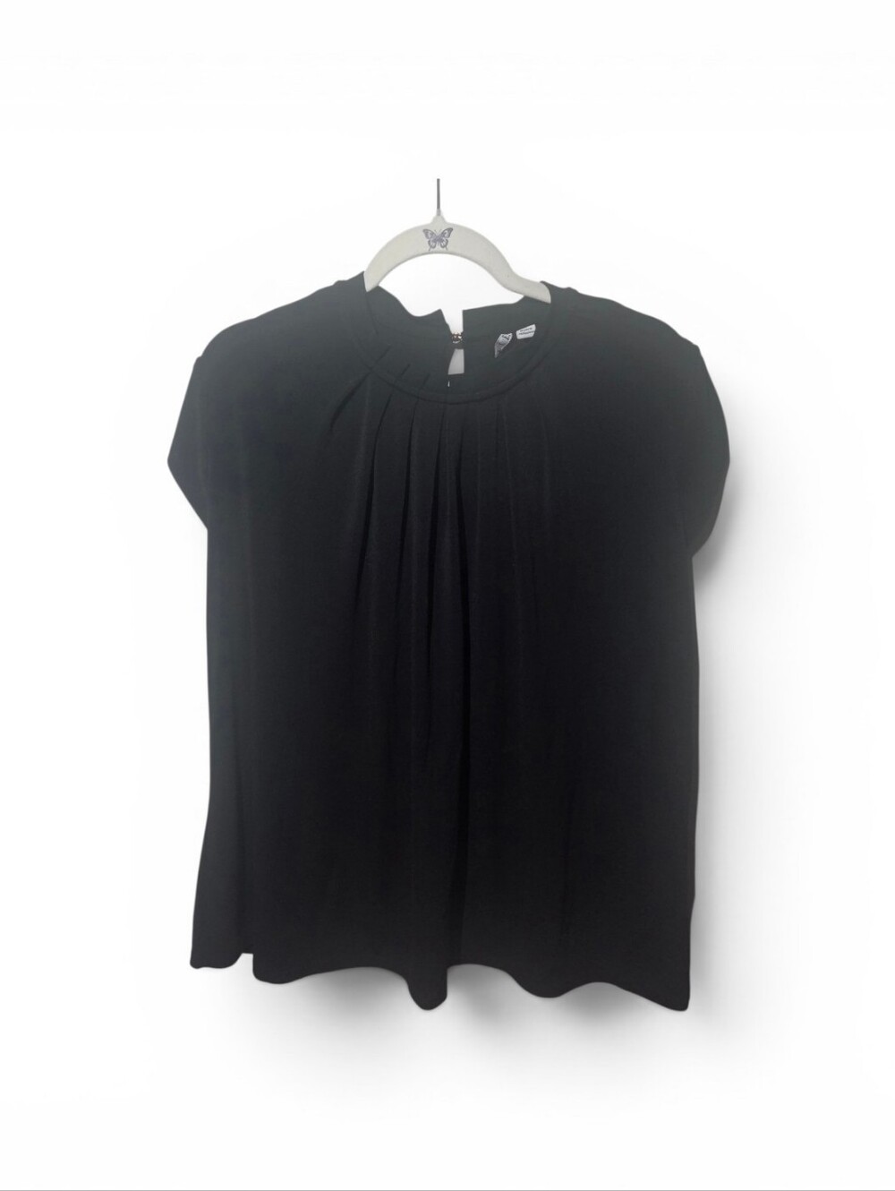 Elle Black Short-Sleeve Pleated Neck Blouse